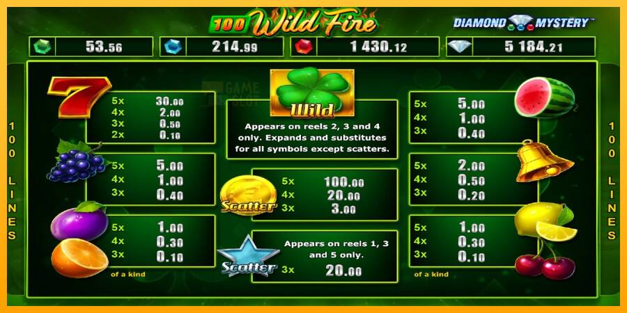 Diamond Mystery 100 Wild Fire automat për para të vërteta, foto 4