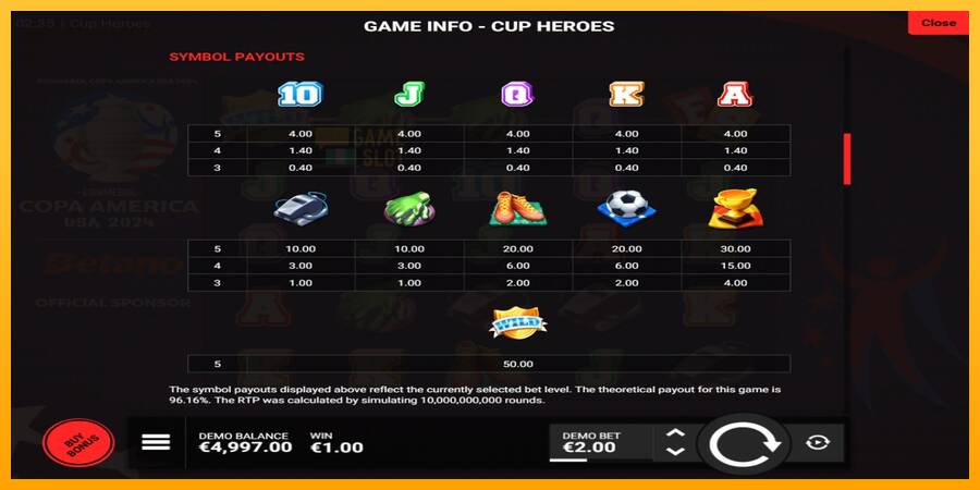 Cup Heroes automat për para të vërteta, foto 5